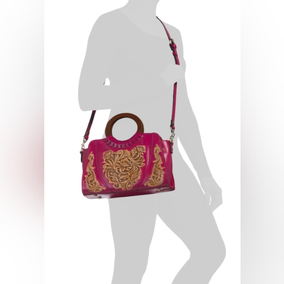 NWT Patricia Nash Lyon Tooled Leather Satchel, crossbody strap, Fuchsia Multi - Picture 9 of 10